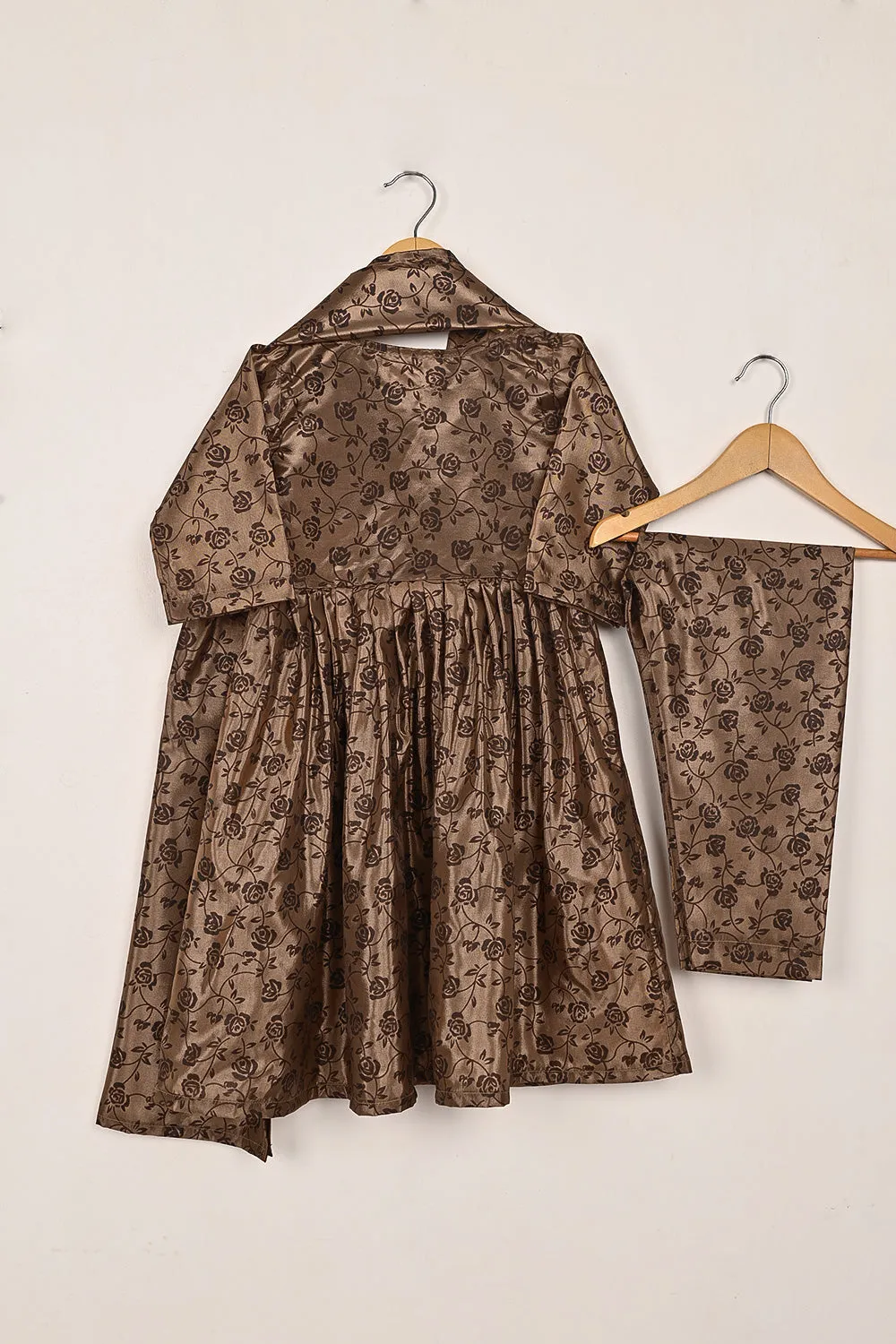 TKF-252-Brown - Kids 3Pc Ready to Wear Silk Printed Frock
