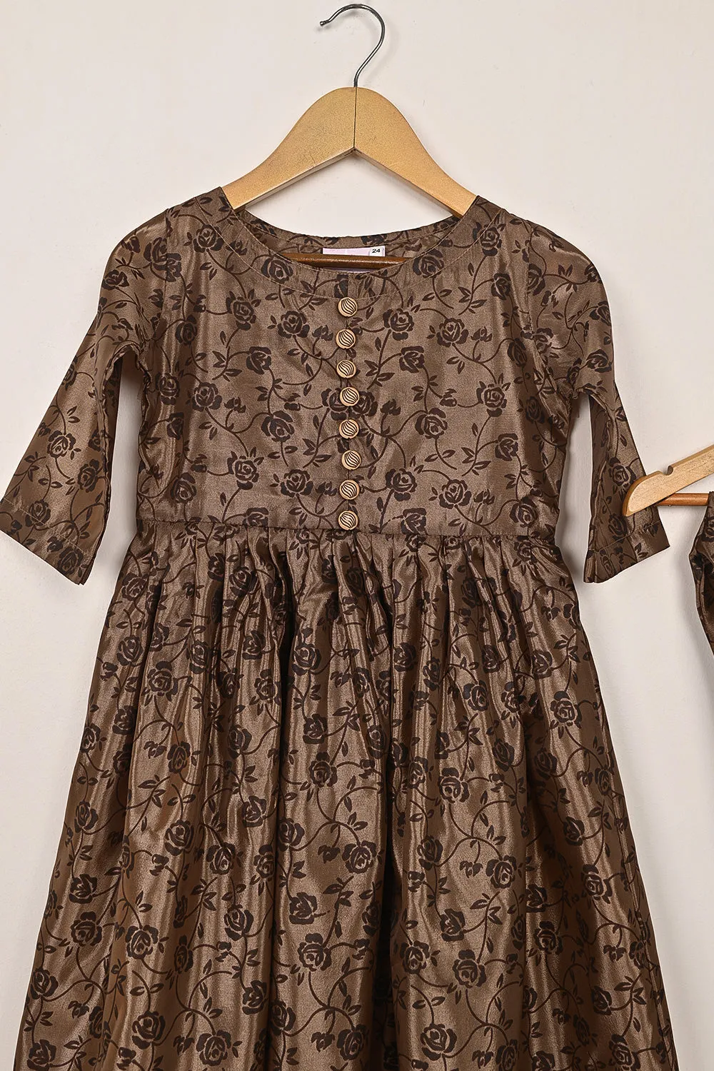 TKF-252-Brown - Kids 3Pc Ready to Wear Silk Printed Frock