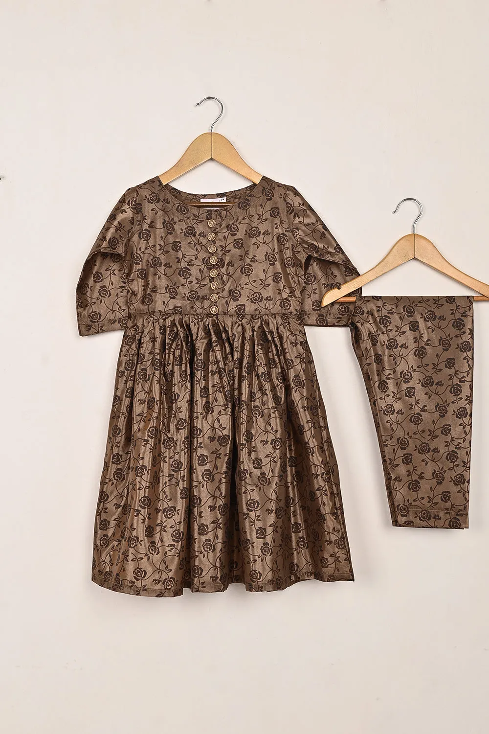 TKF-252-Brown - Kids 3Pc Ready to Wear Silk Printed Frock