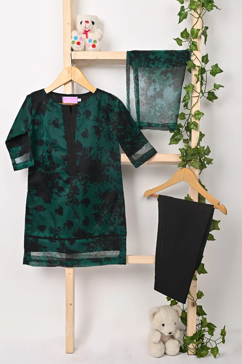 TKF-322-Turqoise - Kids 3Pc Ready to Wear Organza Printed Dress