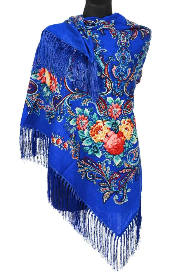 Traditional Polish Folk Shawl with Fringes - Exclusive Russian Collection - Blue