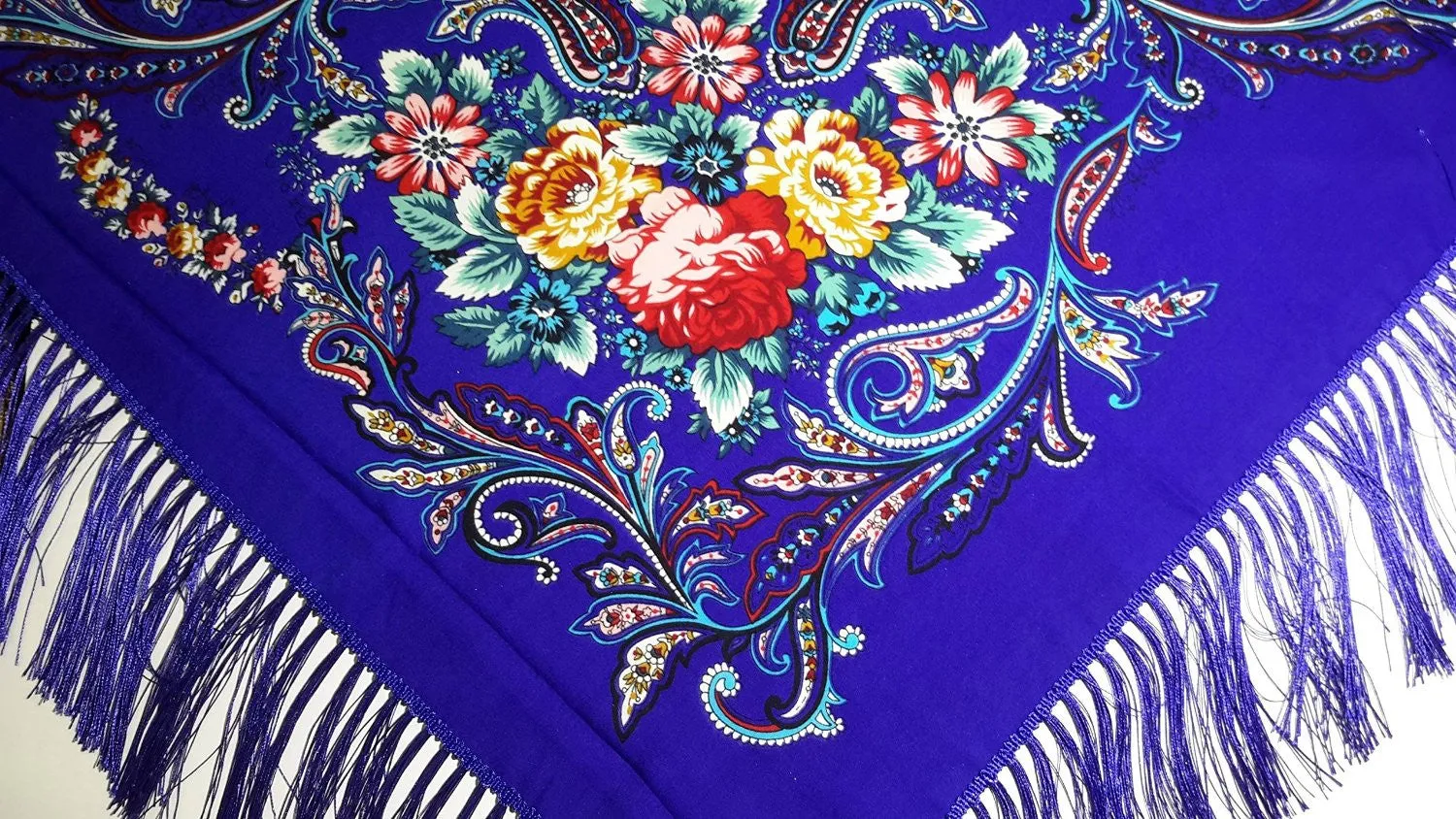 Traditional Polish Folk Shawl with Fringes - Exclusive Russian Collection - Blue