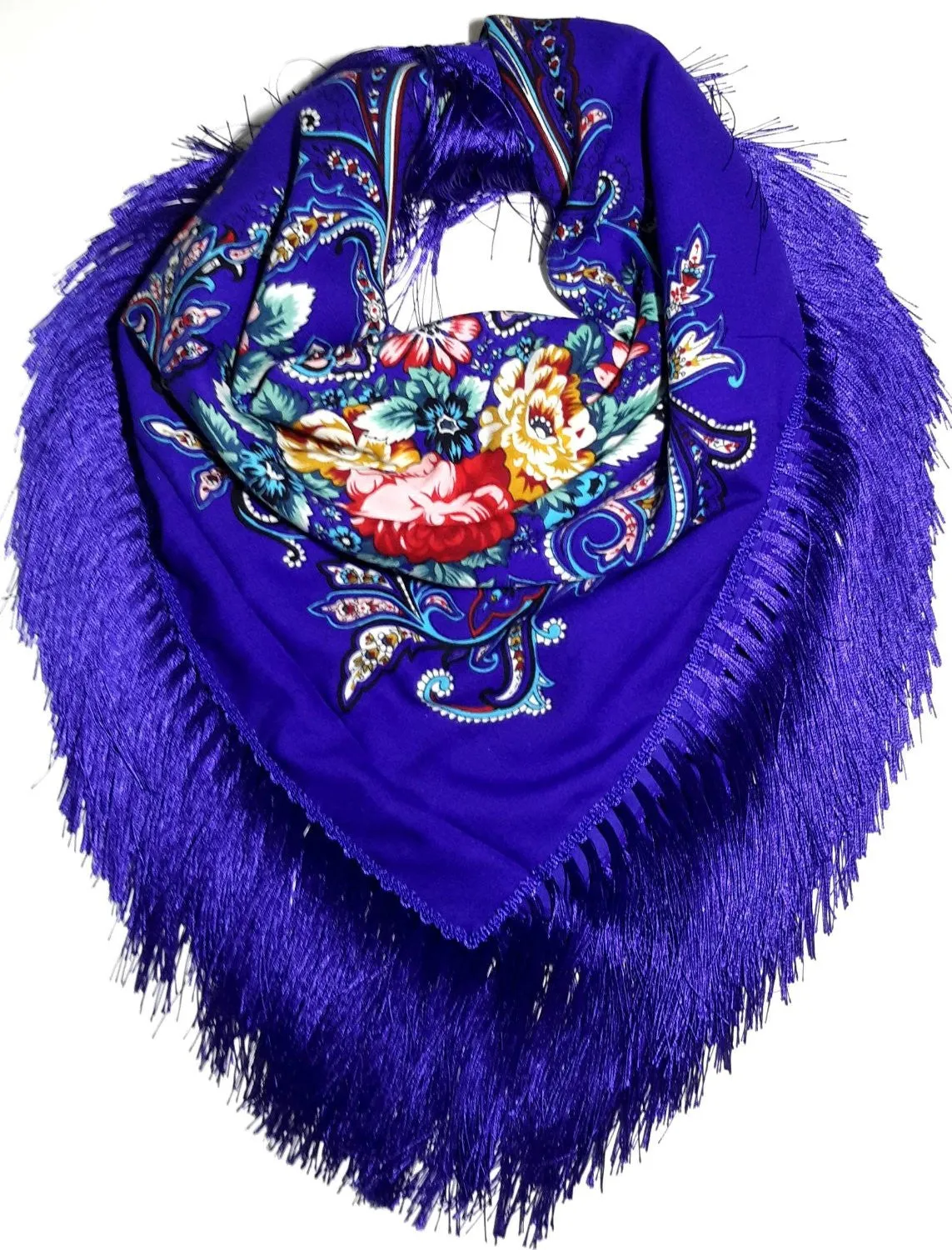 Traditional Polish Folk Shawl with Fringes - Exclusive Russian Collection - Blue