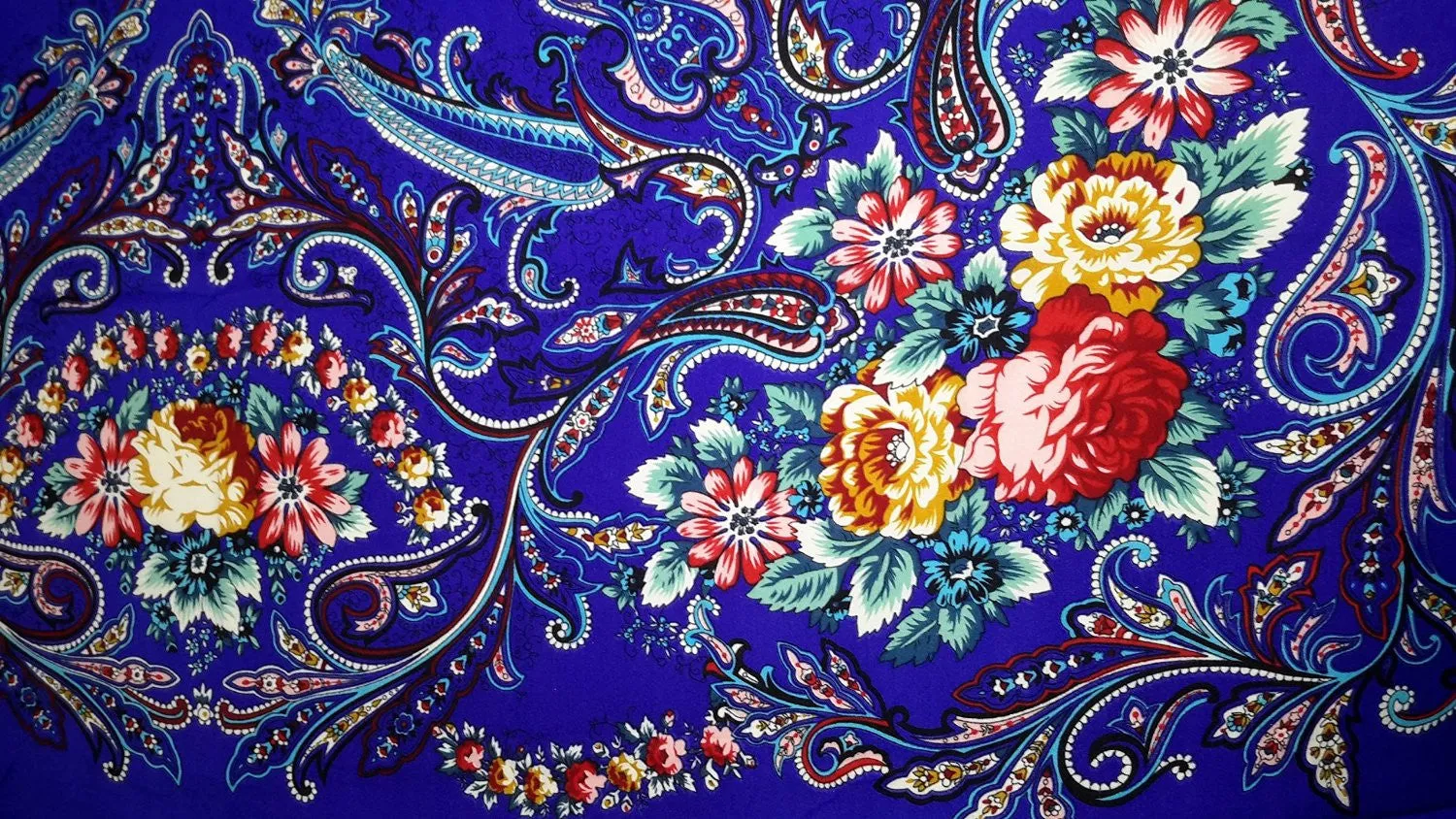 Traditional Polish Folk Shawl with Fringes - Exclusive Russian Collection - Blue