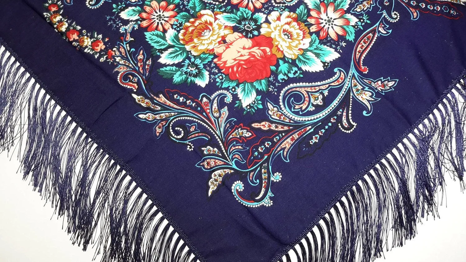 Traditional Polish Folk Shawl with Fringes - Exclusive Russian Collection - Navy
