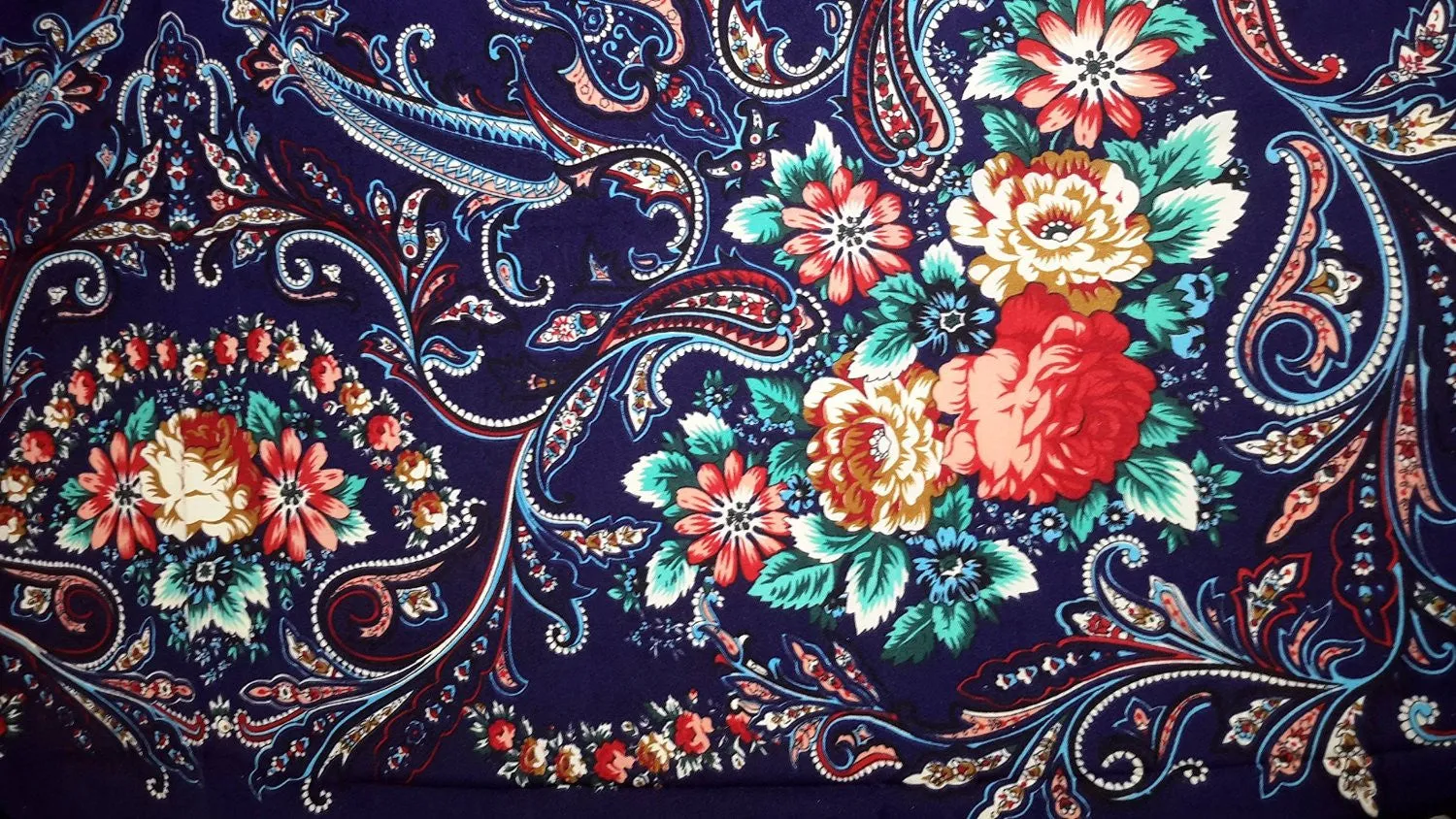 Traditional Polish Folk Shawl with Fringes - Exclusive Russian Collection - Navy