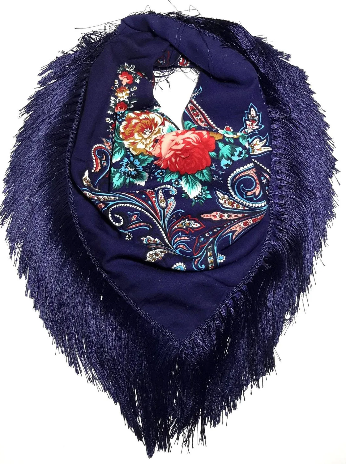 Traditional Polish Folk Shawl with Fringes - Exclusive Russian Collection - Navy