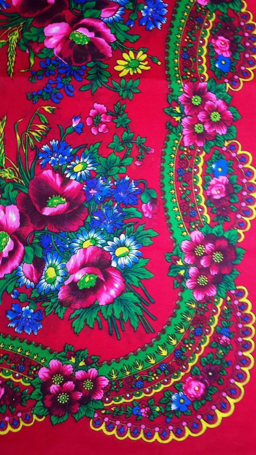Traditional Polish Ukrainian Folk Cotton Head Scarf - Red