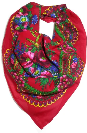 Traditional Polish Ukrainian Folk Cotton Head Scarf - Red