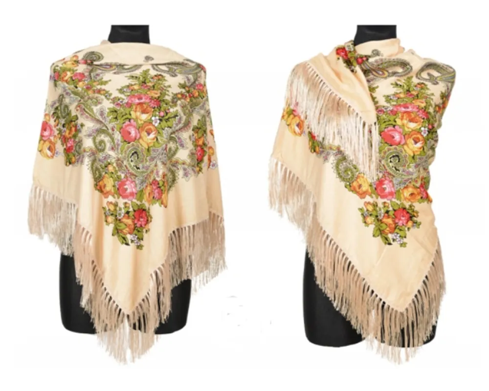 Traditional Russian Pashmina Folk Shawl with Fringes - Russian Collection, Creamy