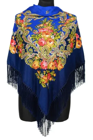 Traditional Russian Pashmina Folk Shawl with Fringes - Russian Collection, Navy Blue