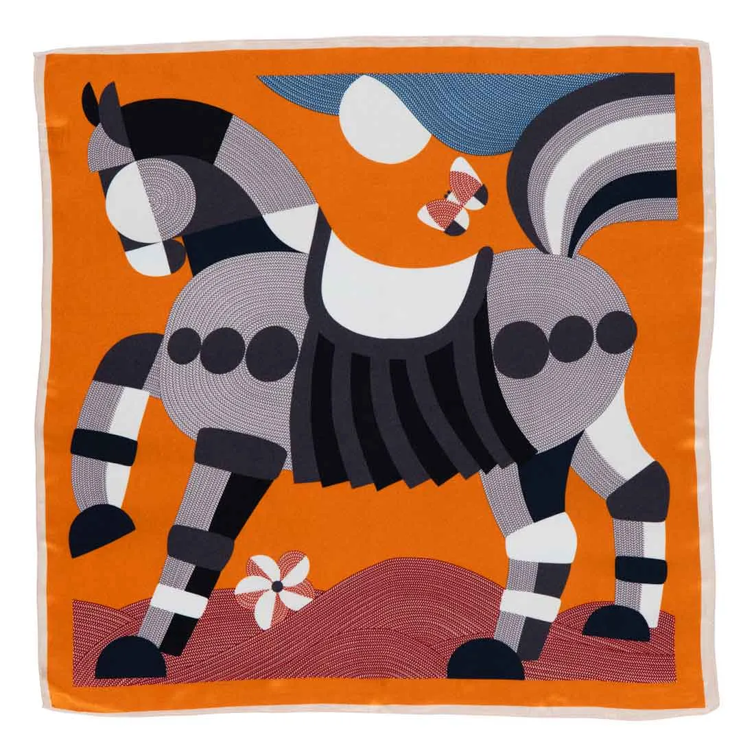 Troie - Stylized Equestrian Pattern in Tangerine Scarf