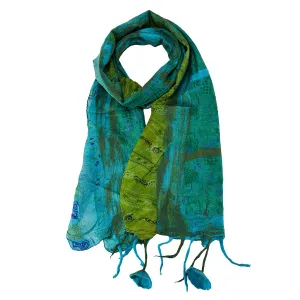 Turquoise Felt and Saree Vintage Scarves with Flower Hanging