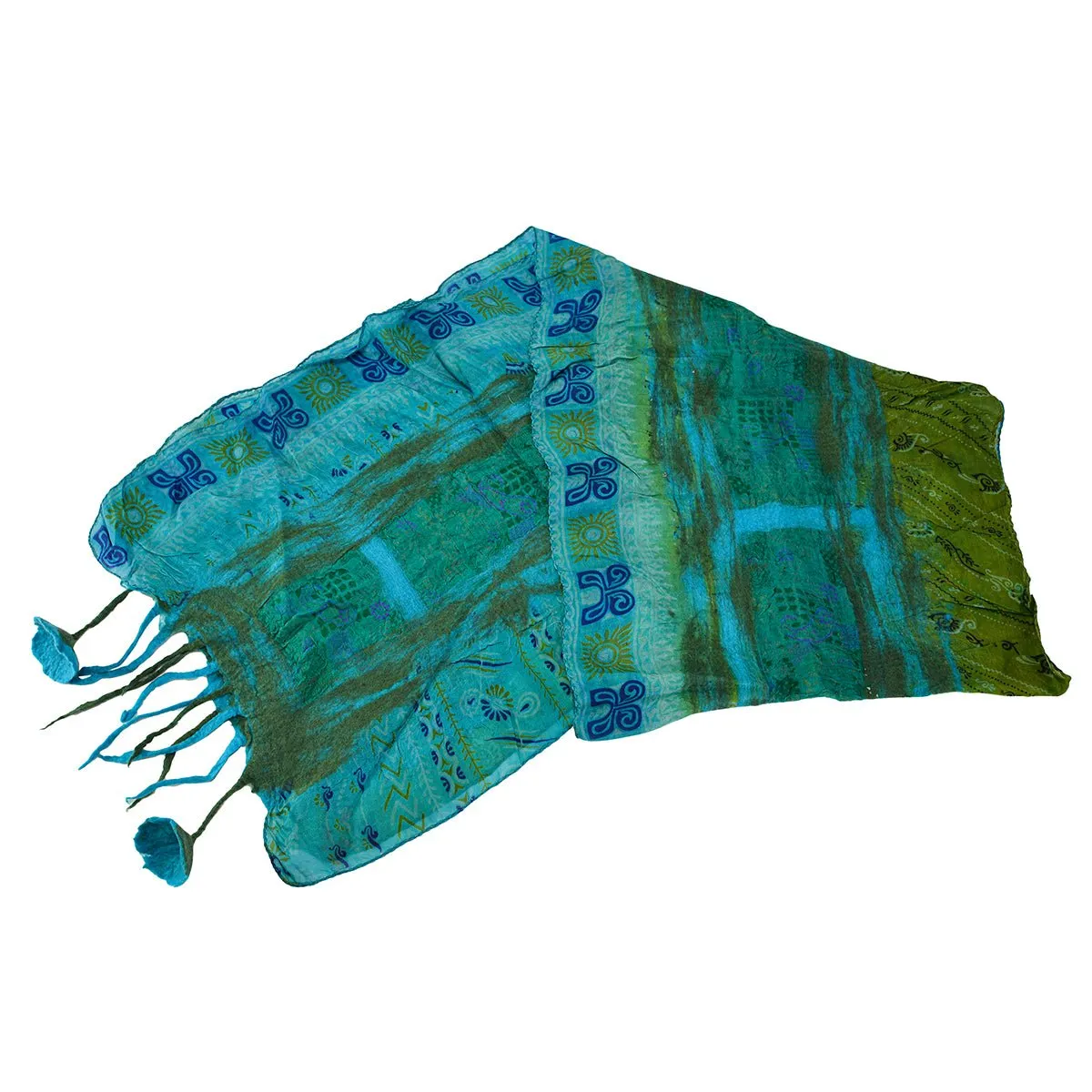 Turquoise Felt and Saree Vintage Scarves with Flower Hanging