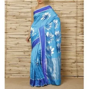 Turquoise Silk Big Flower Booti Chanderi Saree