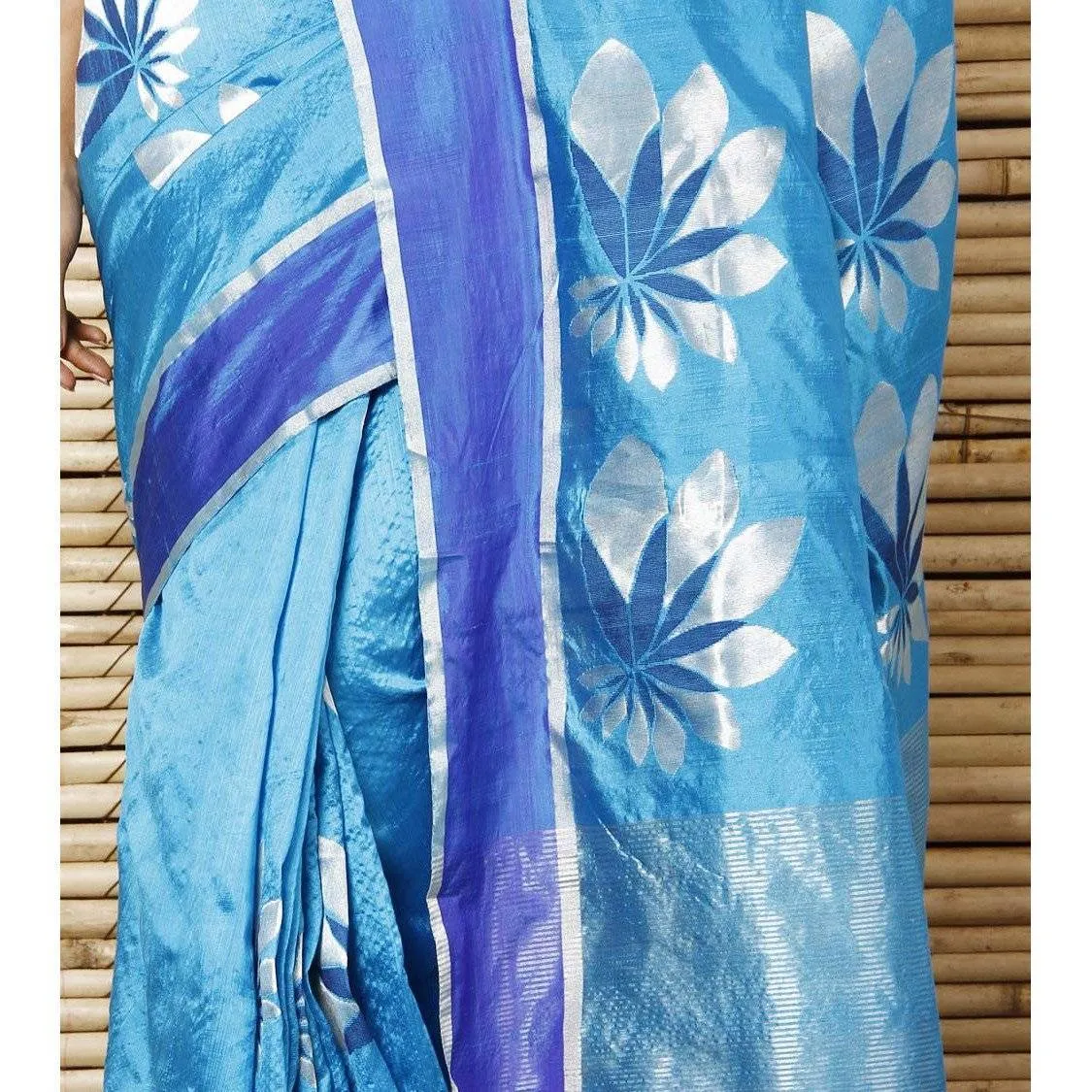 Turquoise Silk Big Flower Booti Chanderi Saree