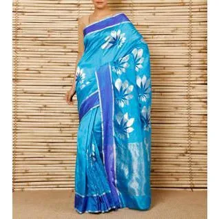 Turquoise Silk Big Flower Booti Chanderi Saree