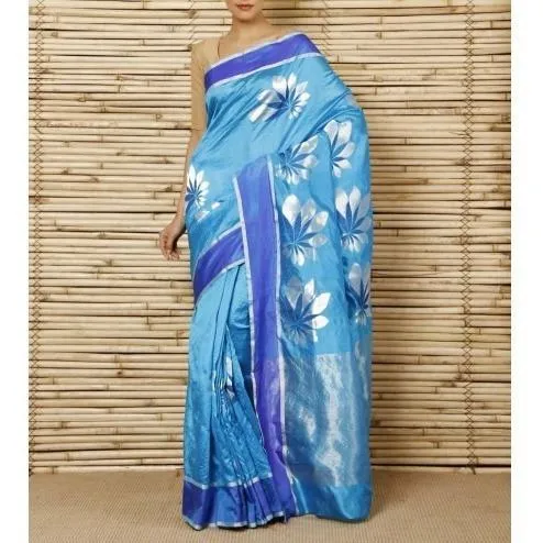 Turquoise Silk Big Flower Booti Chanderi Saree