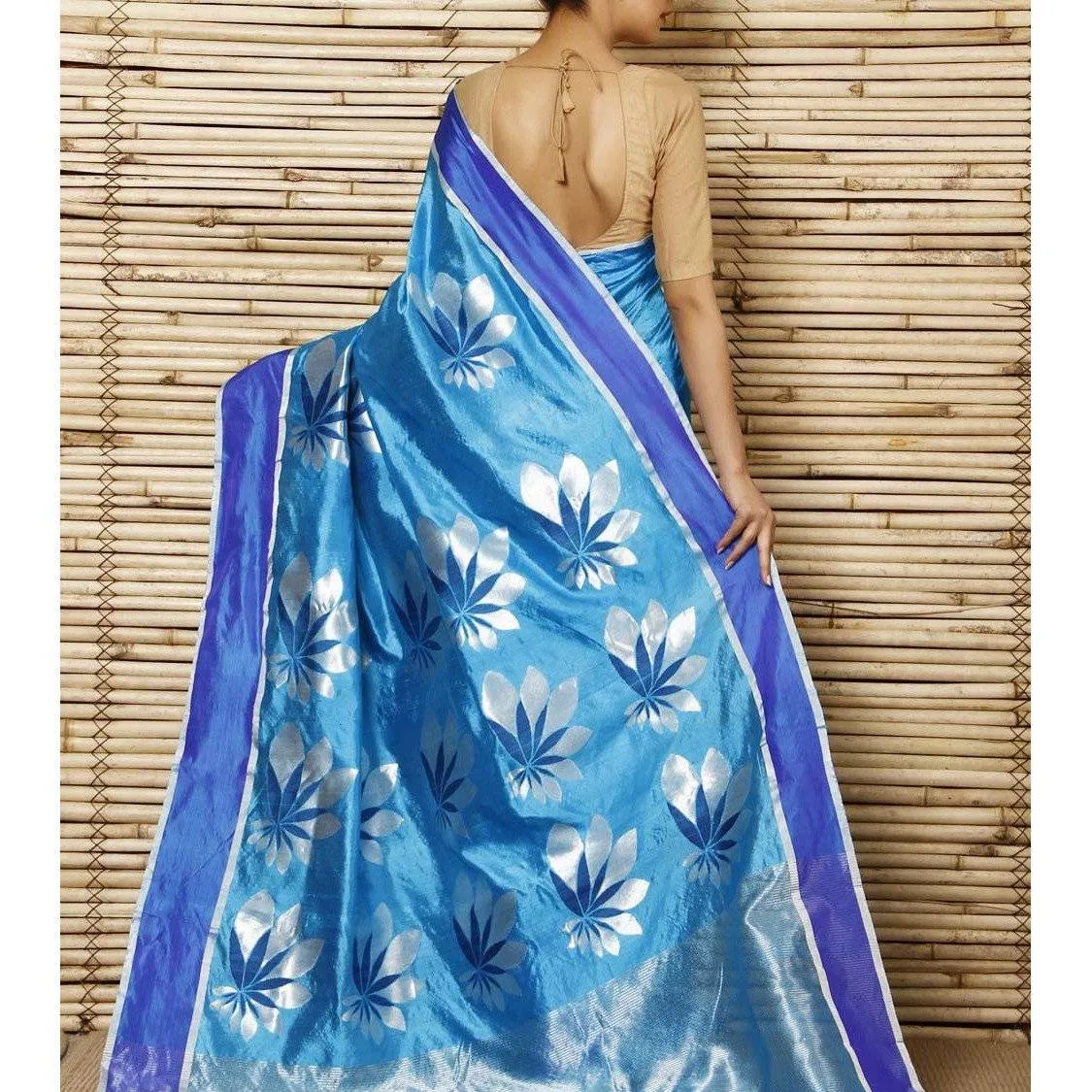 Turquoise Silk Big Flower Booti Chanderi Saree