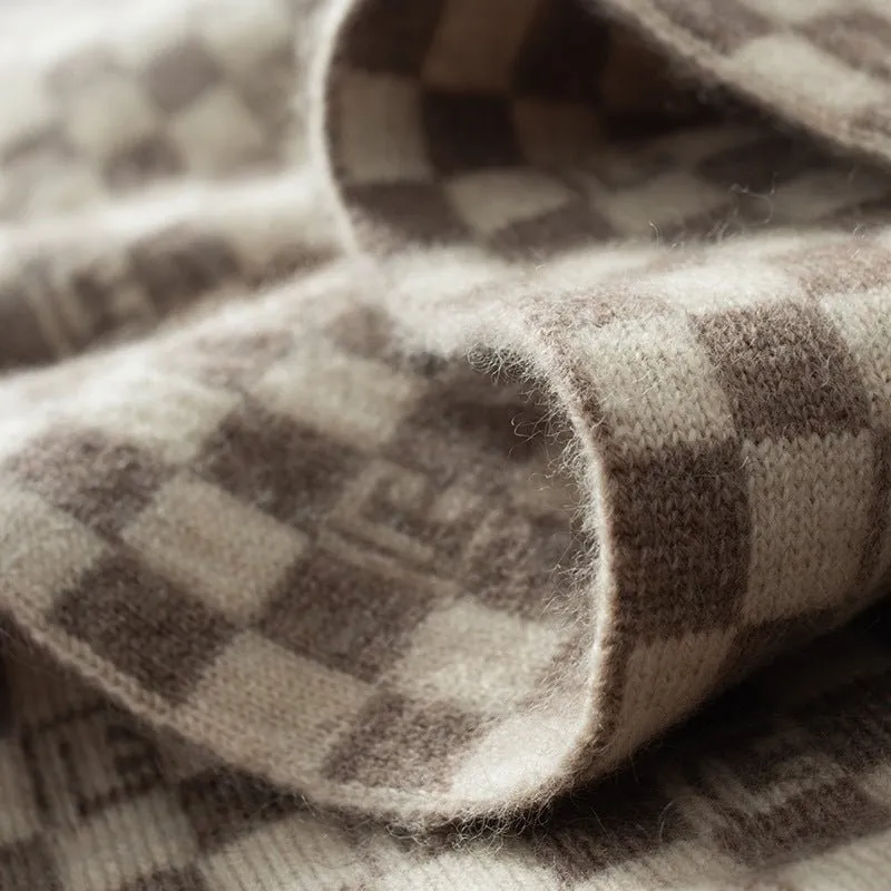 Unisex Checkered Cashmere Scarf Long Cashmere Knitted Scarves