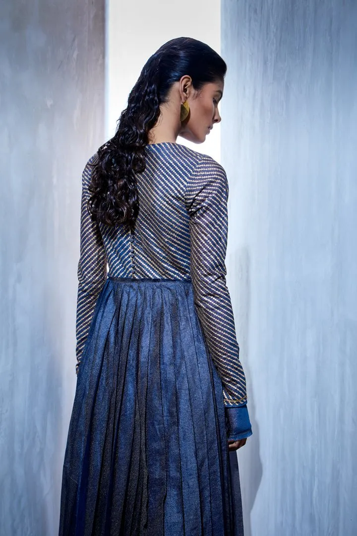 Urvashi Kaur   I   Block Printed Pleated Stripe Zari Silk | Tissue Silk And Chanderi Silk Column Dress