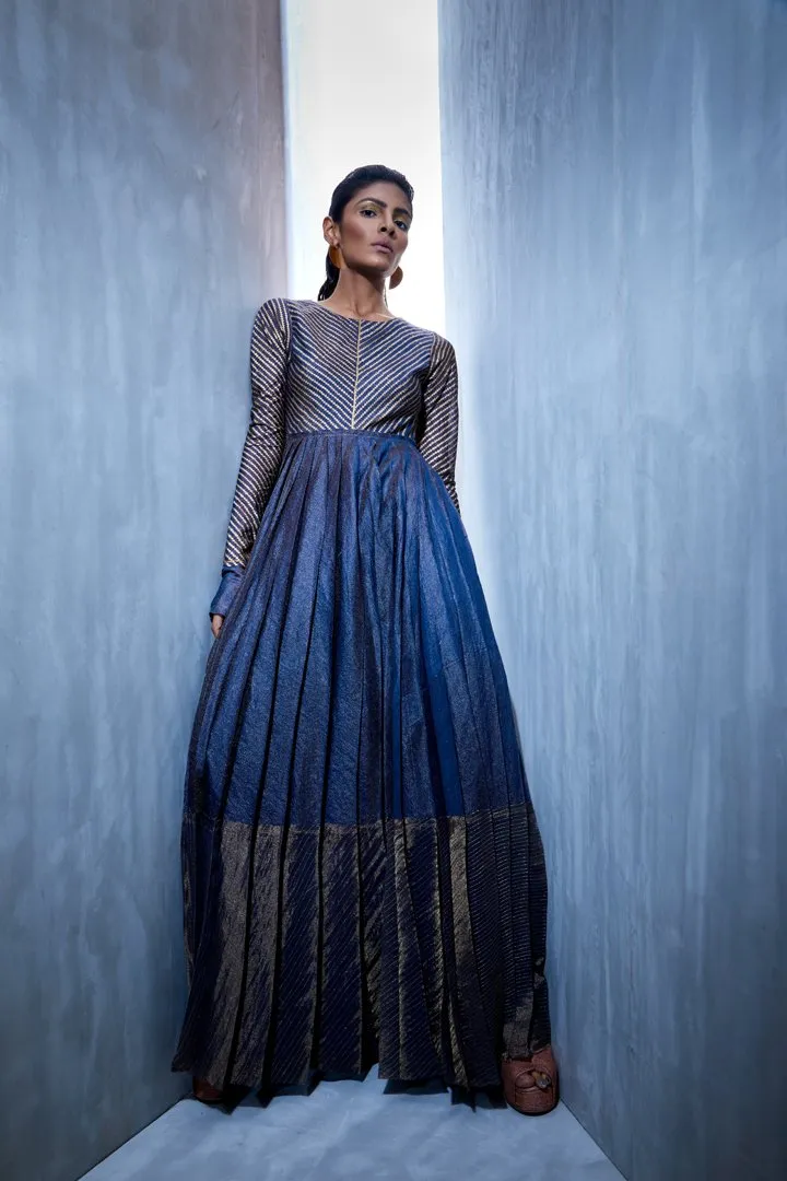 Urvashi Kaur   I   Block Printed Pleated Stripe Zari Silk | Tissue Silk And Chanderi Silk Column Dress