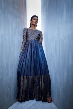 Urvashi Kaur   I   Block Printed Pleated Stripe Zari Silk | Tissue Silk And Chanderi Silk Column Dress