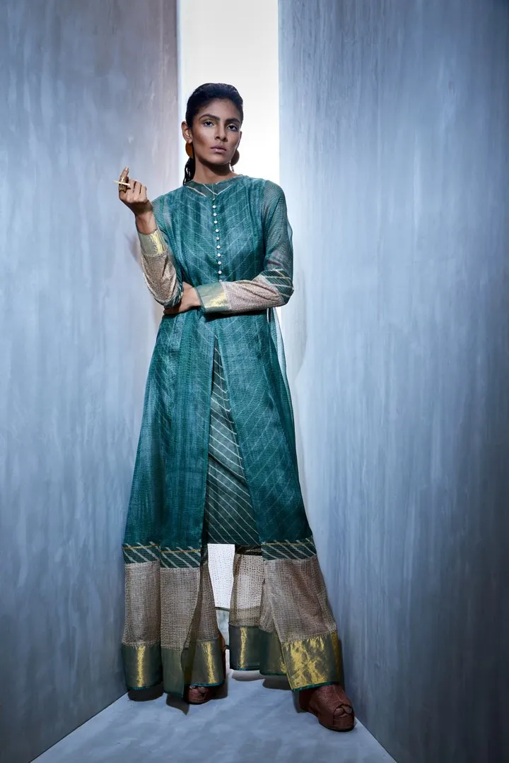 Urvashi Kaur   I   Block Printed Shibori Kota Silk Flared Jacket