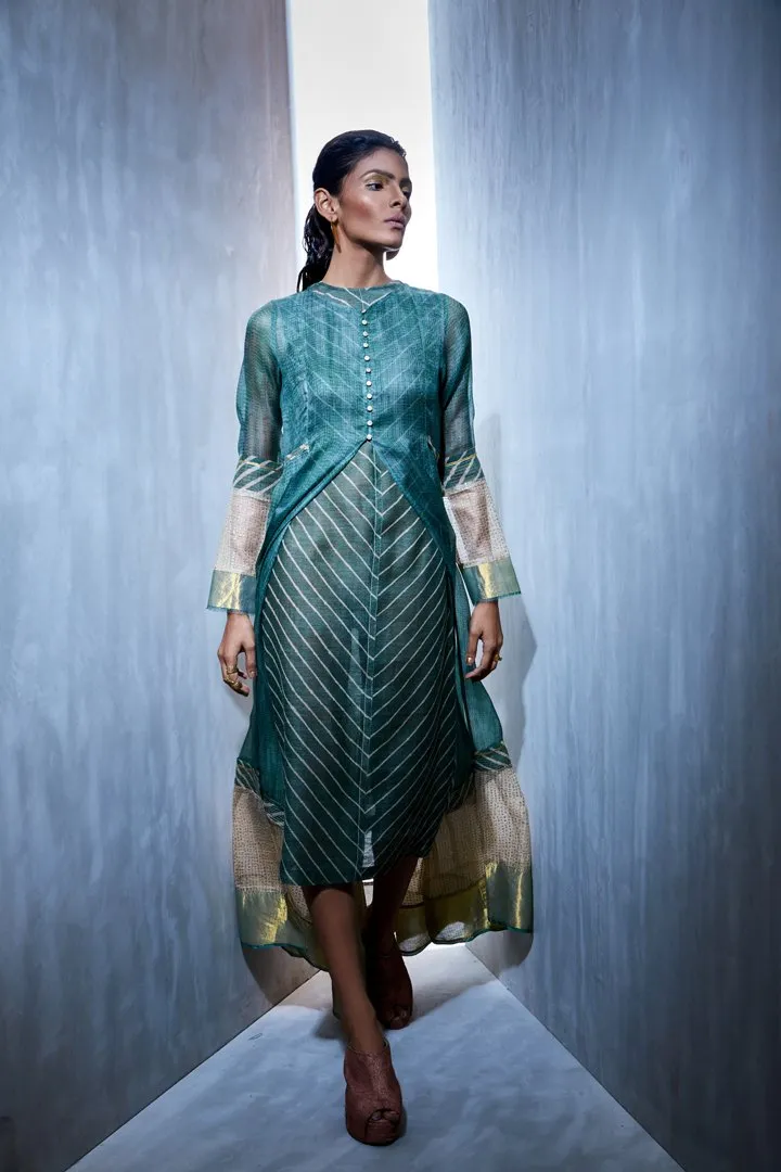 Urvashi Kaur   I   Block Printed Shibori Kota Silk Flared Jacket