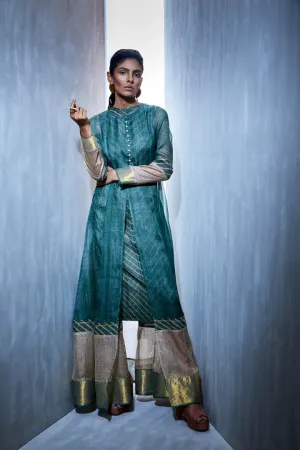 Urvashi Kaur   I   Block Printed Shibori Kota Silk Flared Jacket