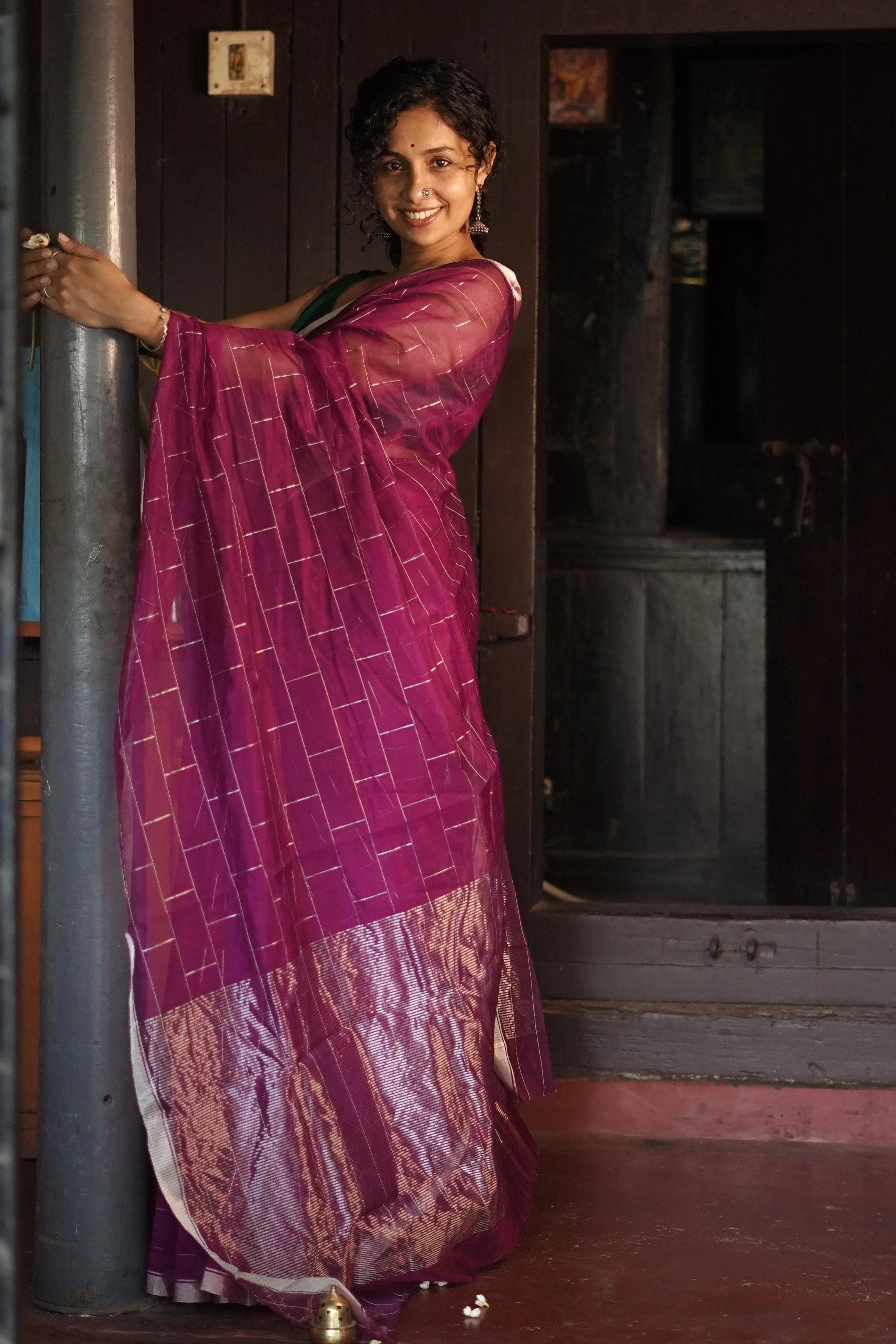 Utsav Pink silver Zari Chanderi Saree