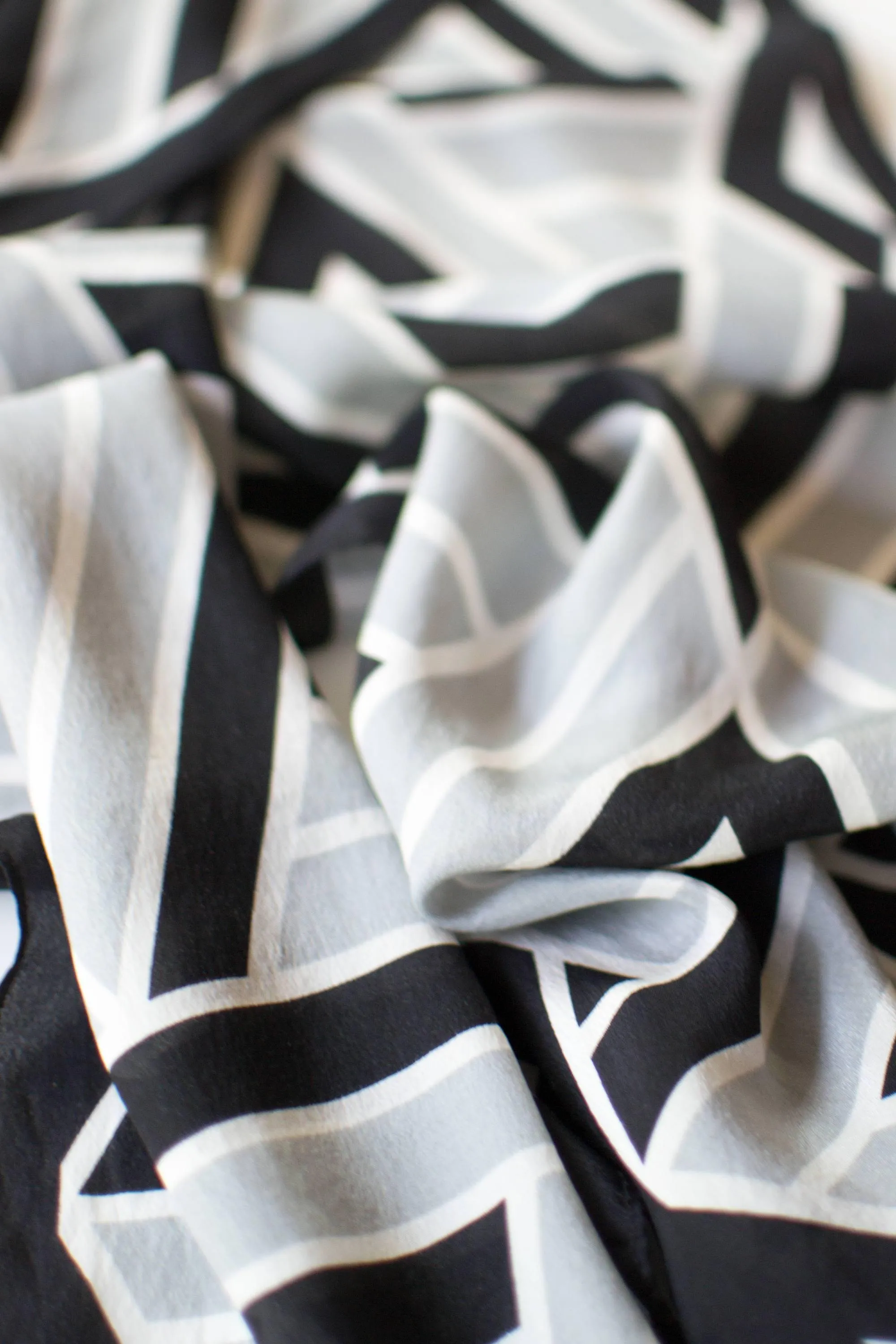 Vera Silk Scarf, Black, White, and Gray Geometric Print