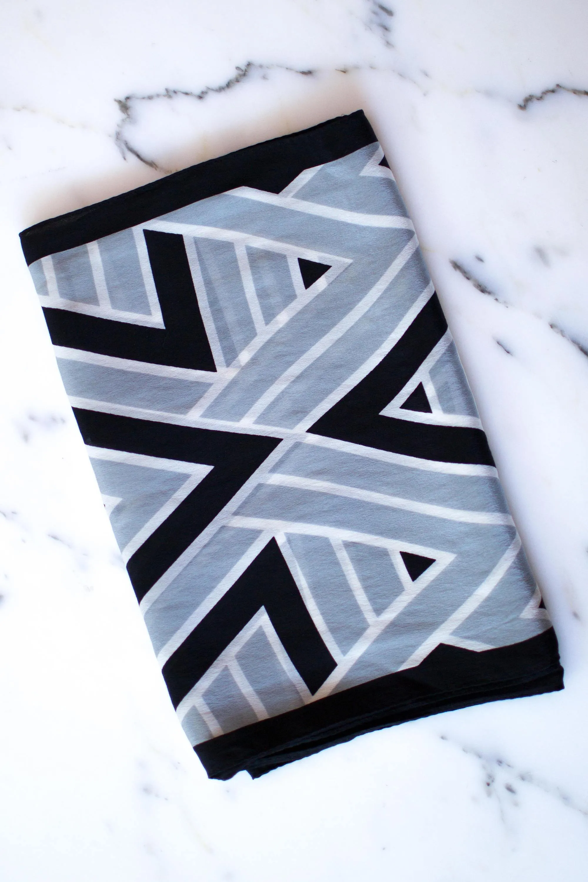 Vera Silk Scarf, Black, White, and Gray Geometric Print