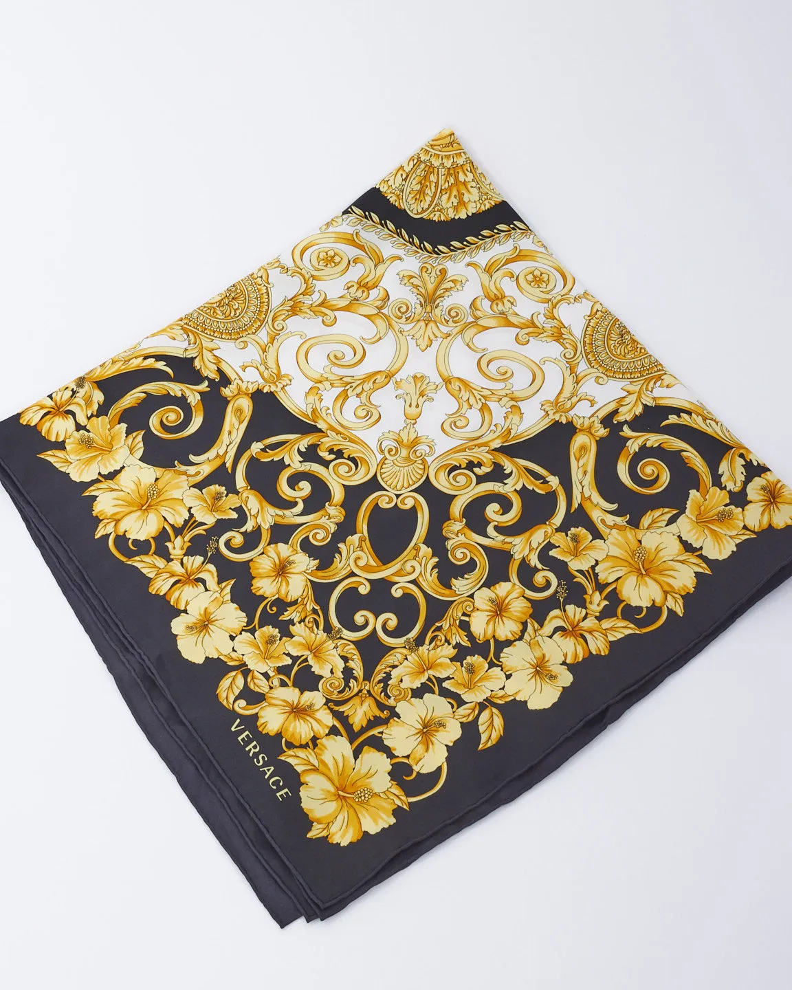Versace Black & Yellow Medusa Print Silk Scarf