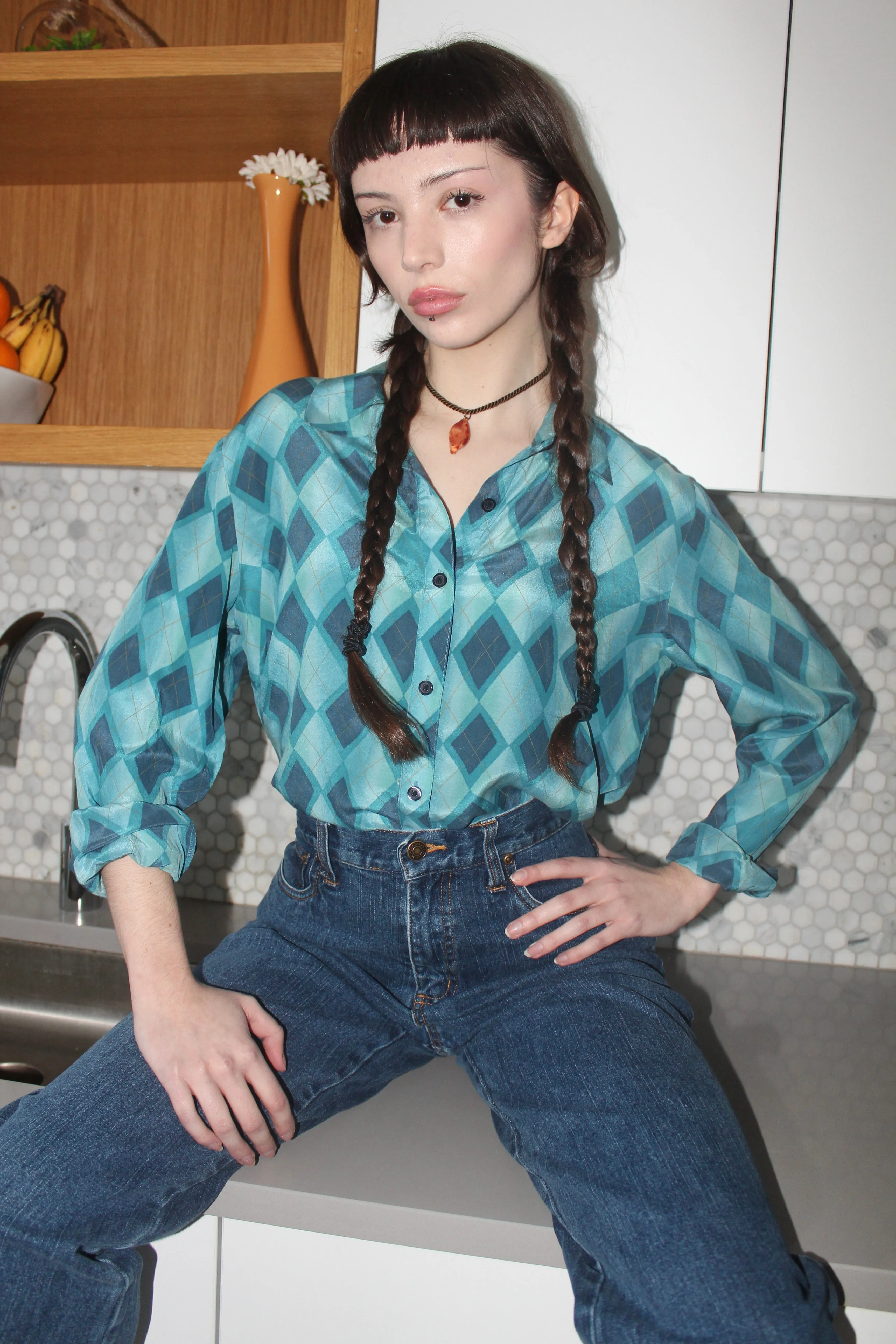 Vintage 90s Diagonal Silk Button Up (M)
