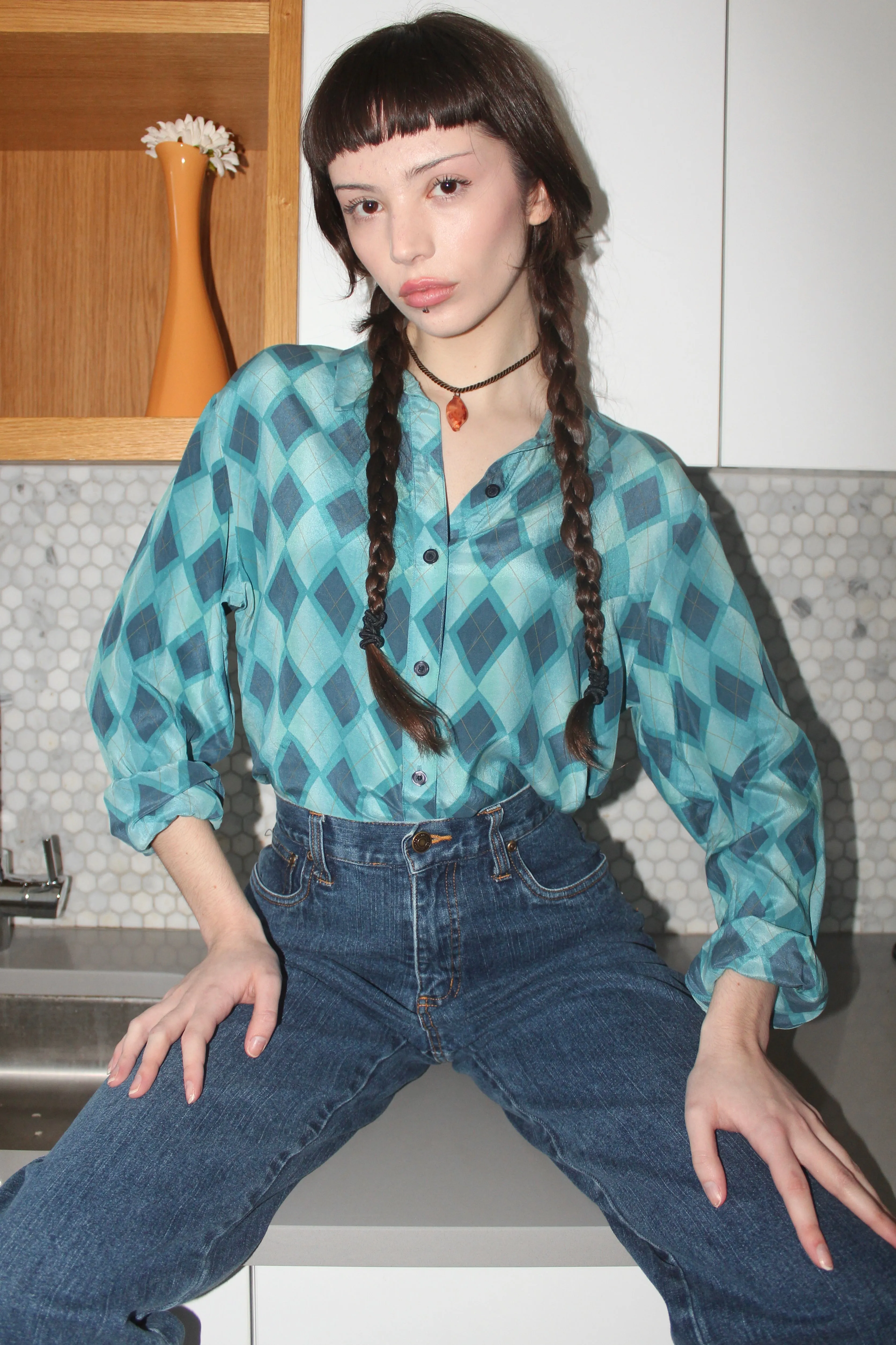 Vintage 90s Diagonal Silk Button Up (M)