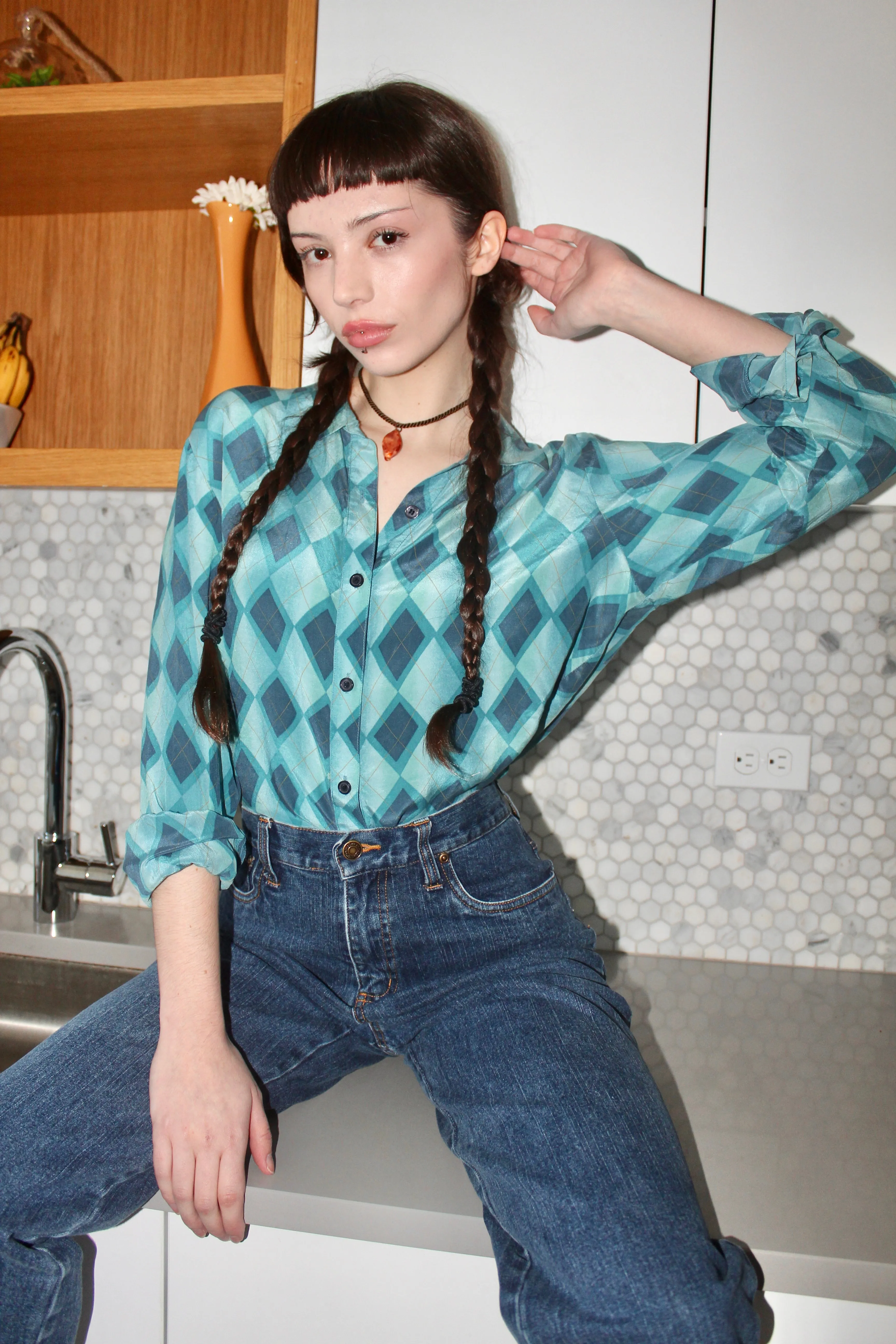 Vintage 90s Diagonal Silk Button Up (M)