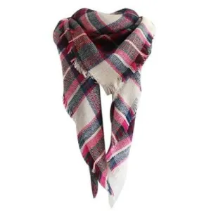 Vintage Checked Pattern Faux Wool Shawl Scarf - Rose Madder