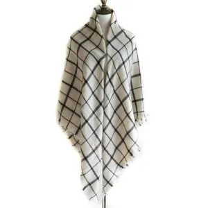 Vintage Checkered Pattern Embellished Fringed Shawl Scarf - White