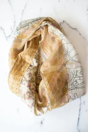 Vintage Green Sewn Infinity Scarf, Floral Design, Geometric, Polka Dots, Recycled Silk