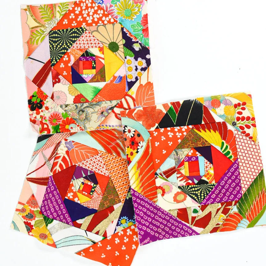 Vintage Kimono Silk Quilt Block, 7-5/8"