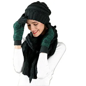 Warm Scarf Glove Hat Beanie Set - Cable Knit Winter Gift Set Pom Cap Touch Screen Glove Long Scarf 3 PCS Set for Women
