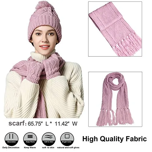 Warm Scarf Glove Hat Beanie Set - Cable Knit Winter Gift Set Pom Cap Touch Screen Glove Long Scarf 3 PCS Set for Women