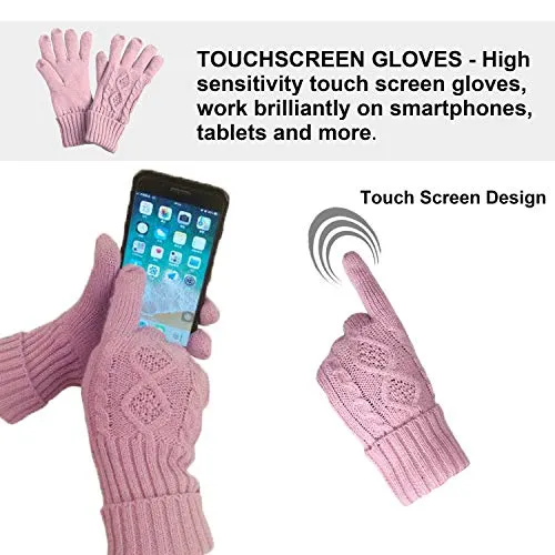 Warm Scarf Glove Hat Beanie Set - Cable Knit Winter Gift Set Pom Cap Touch Screen Glove Long Scarf 3 PCS Set for Women