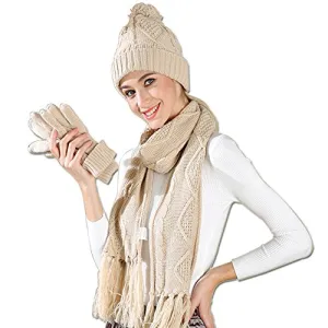 Warm Scarf Glove Hat Beanie Set - Cable Knit Winter Gift Set Pom Cap Touch Screen Glove Long Scarf 3 PCS Set for Women