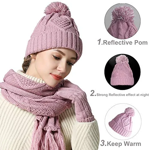 Warm Scarf Glove Hat Beanie Set - Cable Knit Winter Gift Set Pom Cap Touch Screen Glove Long Scarf 3 PCS Set for Women