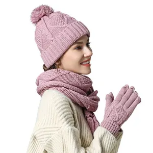 Warm Scarf Glove Hat Beanie Set - Cable Knit Winter Gift Set Pom Cap Touch Screen Glove Long Scarf 3 PCS Set for Women