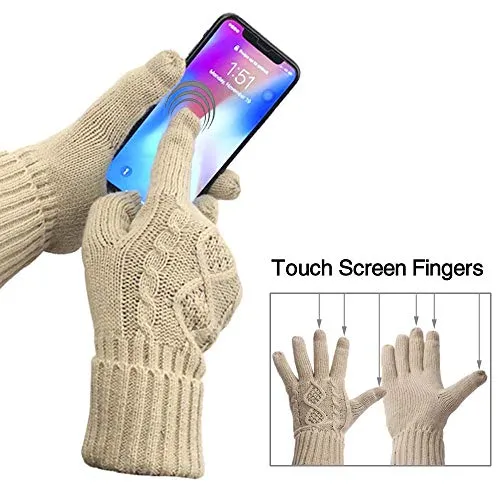 Warm Scarf Glove Hat Beanie Set - Cable Knit Winter Gift Set Pom Cap Touch Screen Glove Long Scarf 3 PCS Set for Women