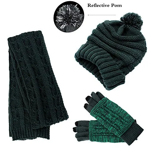 Warm Scarf Glove Hat Beanie Set - Cable Knit Winter Gift Set Pom Cap Touch Screen Glove Long Scarf 3 PCS Set for Women