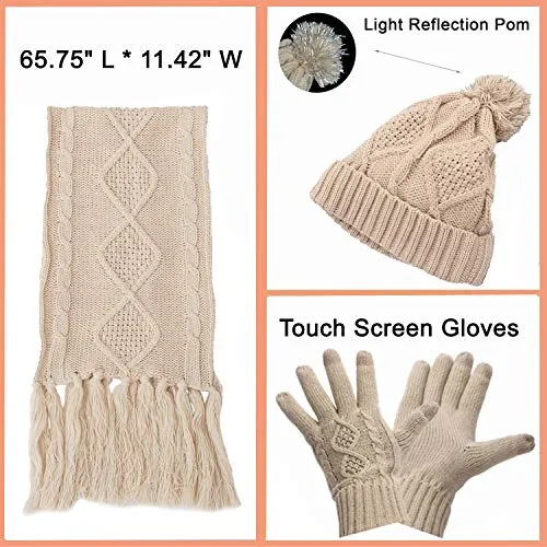 Warm Scarf Glove Hat Beanie Set - Cable Knit Winter Gift Set Pom Cap Touch Screen Glove Long Scarf 3 PCS Set for Women